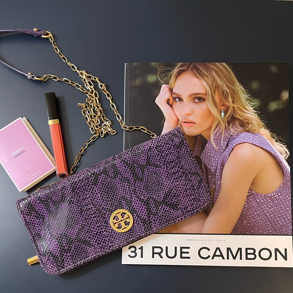 💯Authentic Tory Burch Long card wallet with chain *Purple💜